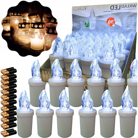 LED Znicze Elektryczne na Cmentarz - Trwałe, Bezpieczne z Zimnobiałym Światłem (12 sztuk)